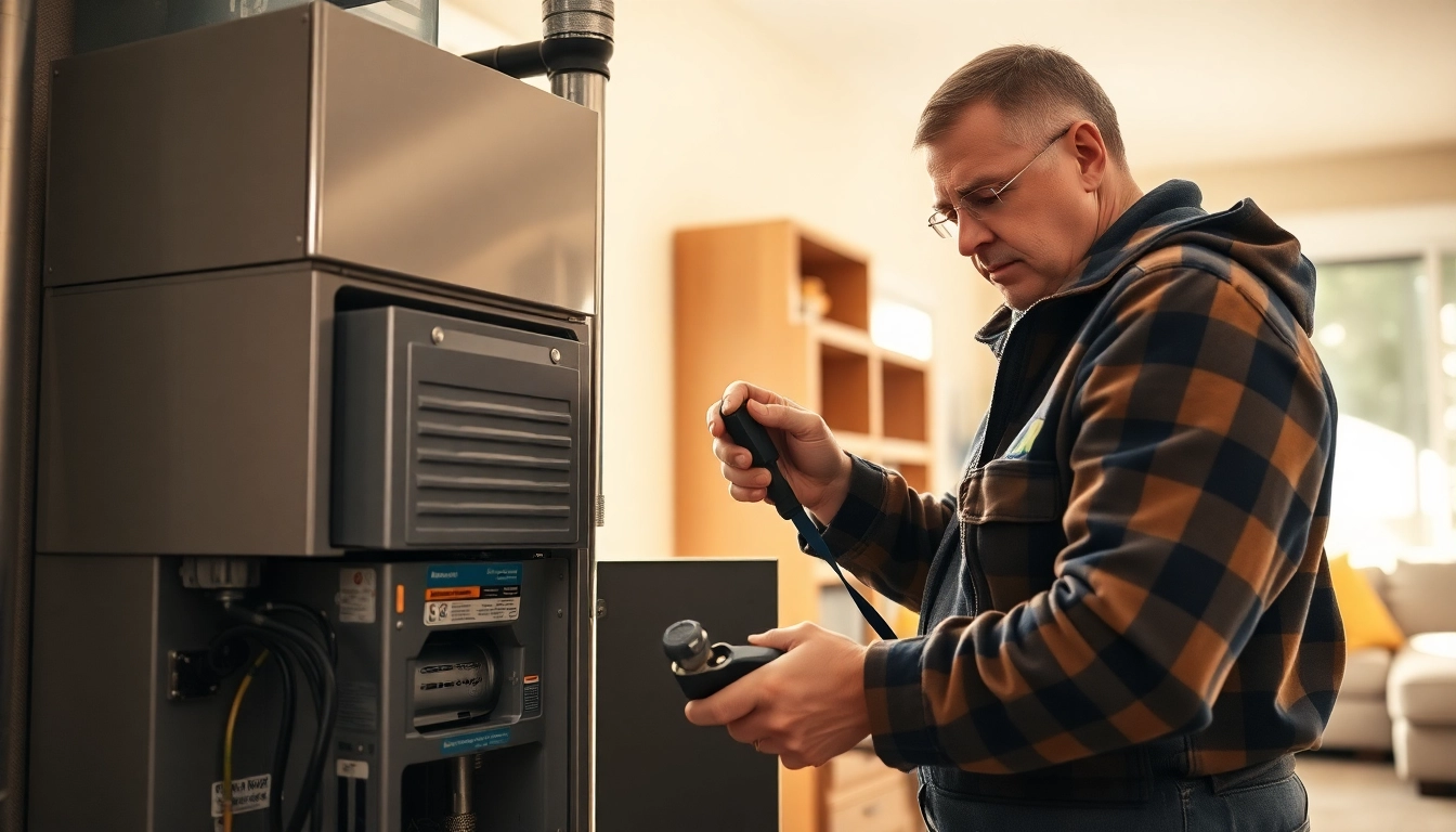 Technician performing heating repair north vancouver in a cozy residential setting.