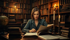 Thriller author engaged in writing, surrounded by suspenseful novels in a dimly lit library.