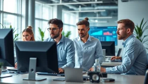 Showcasing Business IT Solutions through a collaborative team of IT specialists in a modern office.