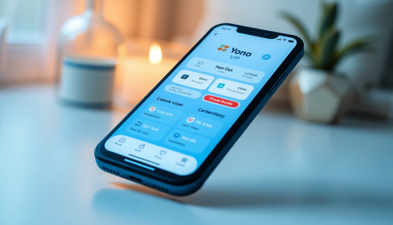 Explore the Yono VIP features in this modern banking app interface design on a smartphone.