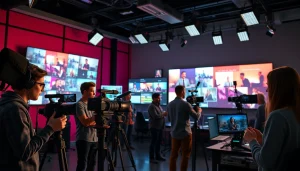 Engaging corporate video production team capturing dynamic visuals in a modern studio.