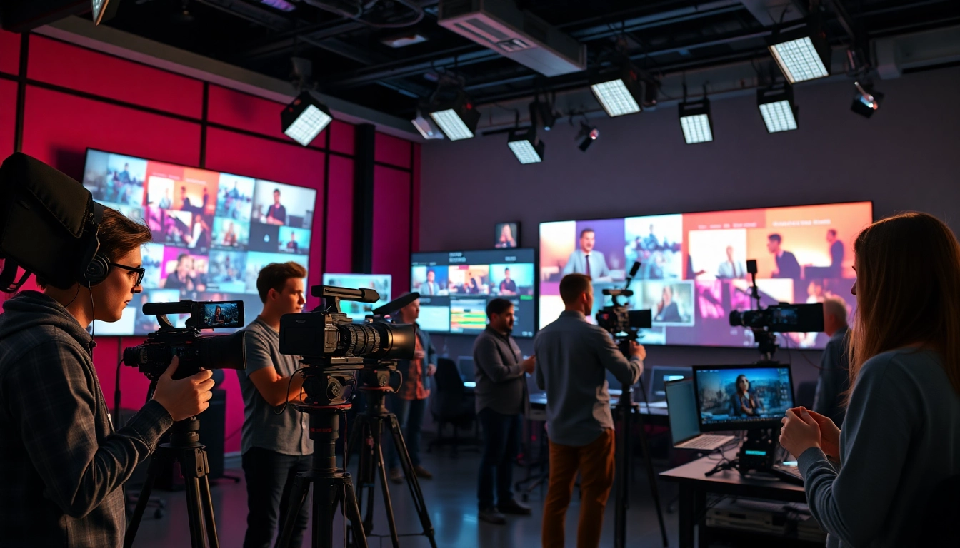 Engaging corporate video production team capturing dynamic visuals in a modern studio.