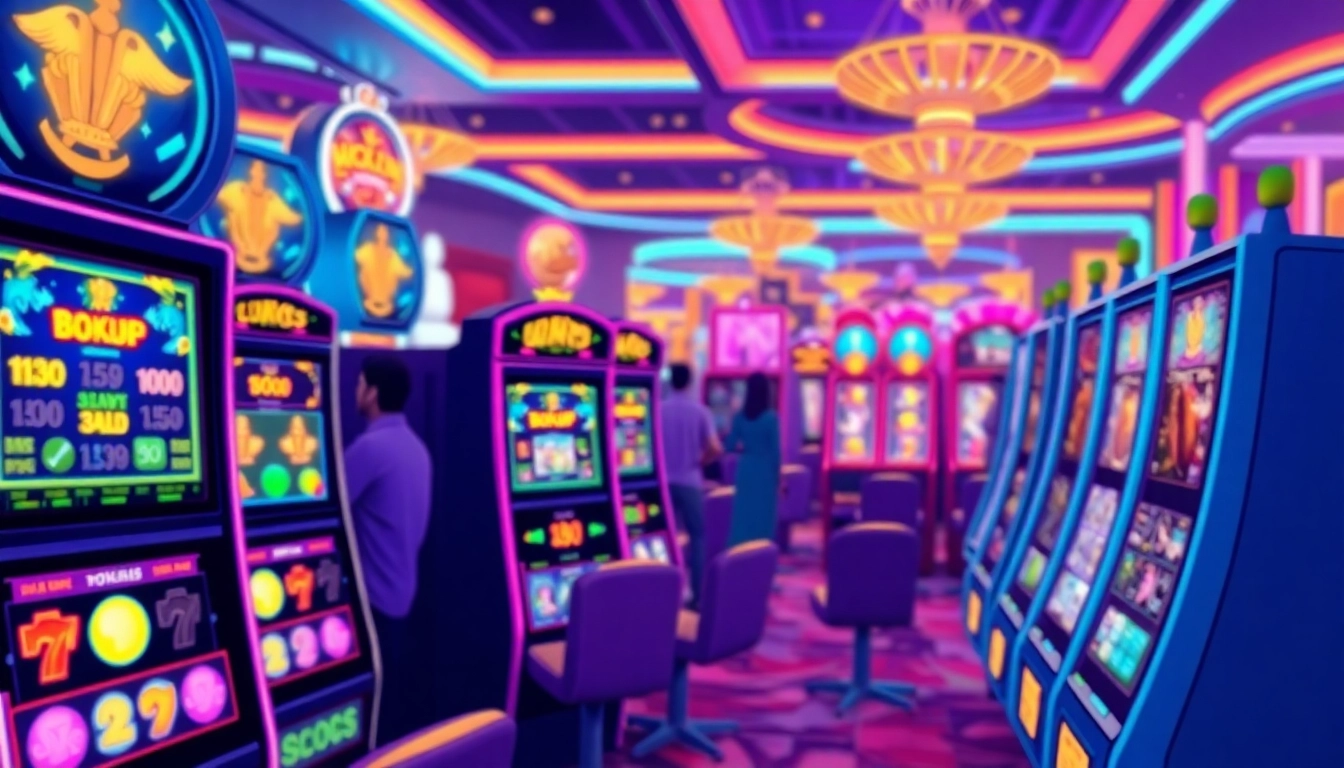 Mainkan Unogg slot game dengan mesin slot warna-warni di kasino yang ramai.