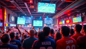 스포츠중계 화면을 주시하는 팬들이 넘치는 스포츠 바 분위기입니다.