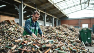 Schrottabholung Oberhausen: Teammitglieder sortieren Schrott auf einem modernen Schrottplatz.