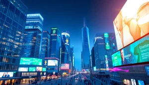 Showcase of technology companies in a modern skyline representing innovation and growth.