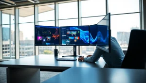 Experience virtual desktop technology in a modern workspace featuring multiple vibrant displays.