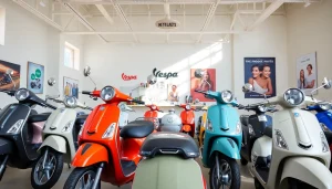 Entdecken Sie die rollerzentrale münchen mit verschiedenen Vespa-Modellen in einem einladenden Showroom.