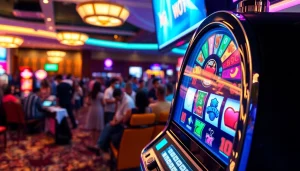 Berinteraksi dengan slot machine yang berwarna-warni di kasino yang ramai.