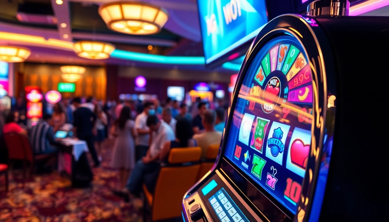 Berinteraksi dengan slot machine yang berwarna-warni di kasino yang ramai.
