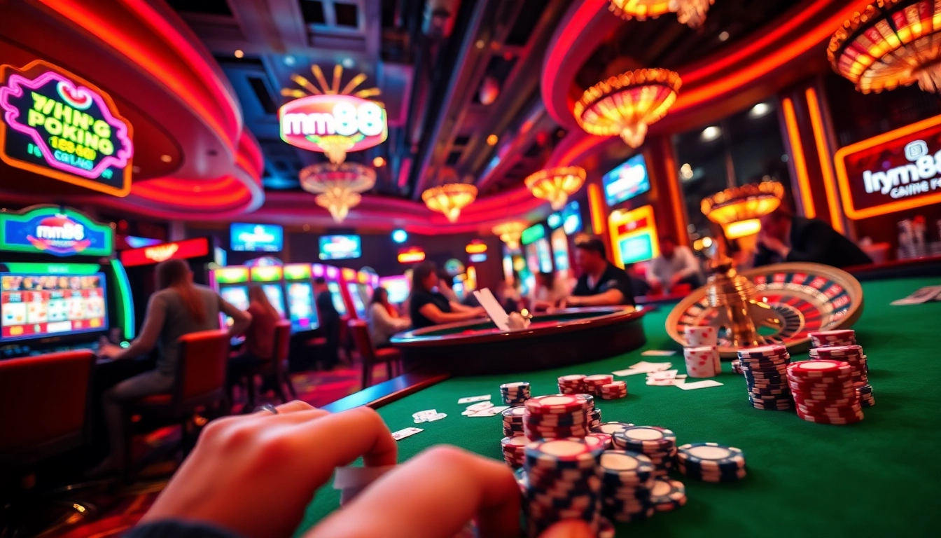 mm88 gamers placing bets on poker tables and roulette wheels, filled with excitement.
