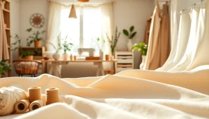 Ongebleekt katoen in een mooie naaiomgeving, met kleurrijke spoelen en creatieve accessoires.