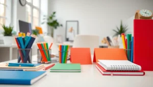 Shop for quality office stationery uk in a well-organized workspace with vibrant colors.