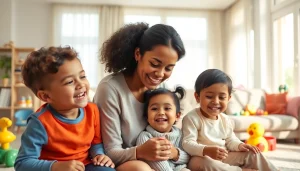 Engaged full-time nanny in Dubai actively playing with children in a cozy living room environment.