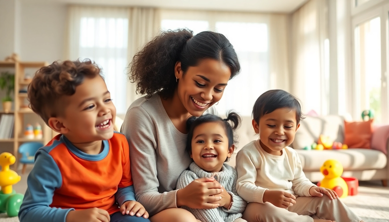 Engaged full-time nanny in Dubai actively playing with children in a cozy living room environment.