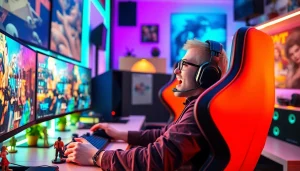 Engaged gamer immersed in a vibrant gaming setup showcasing RR88 technology.
