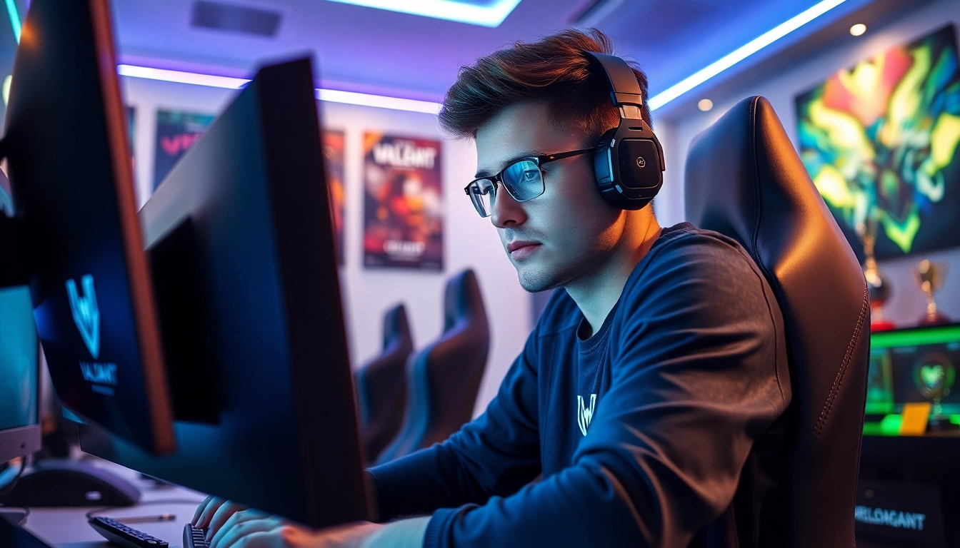 Gamers engaged in valorant download with high-tech equipment in a vibrant gaming environment.