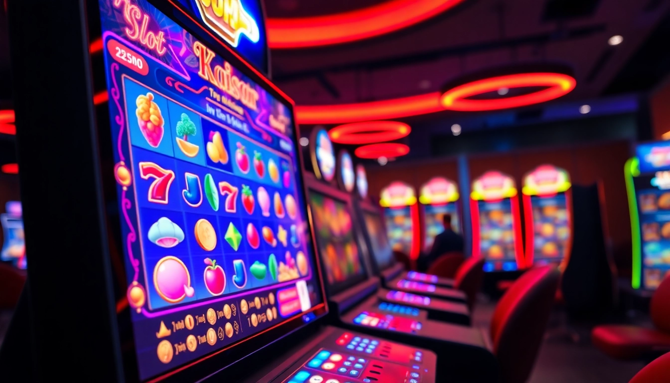Kaisar800 resmi slot dengan simbol permainan menarik di latar belakang permainan yang ramai.