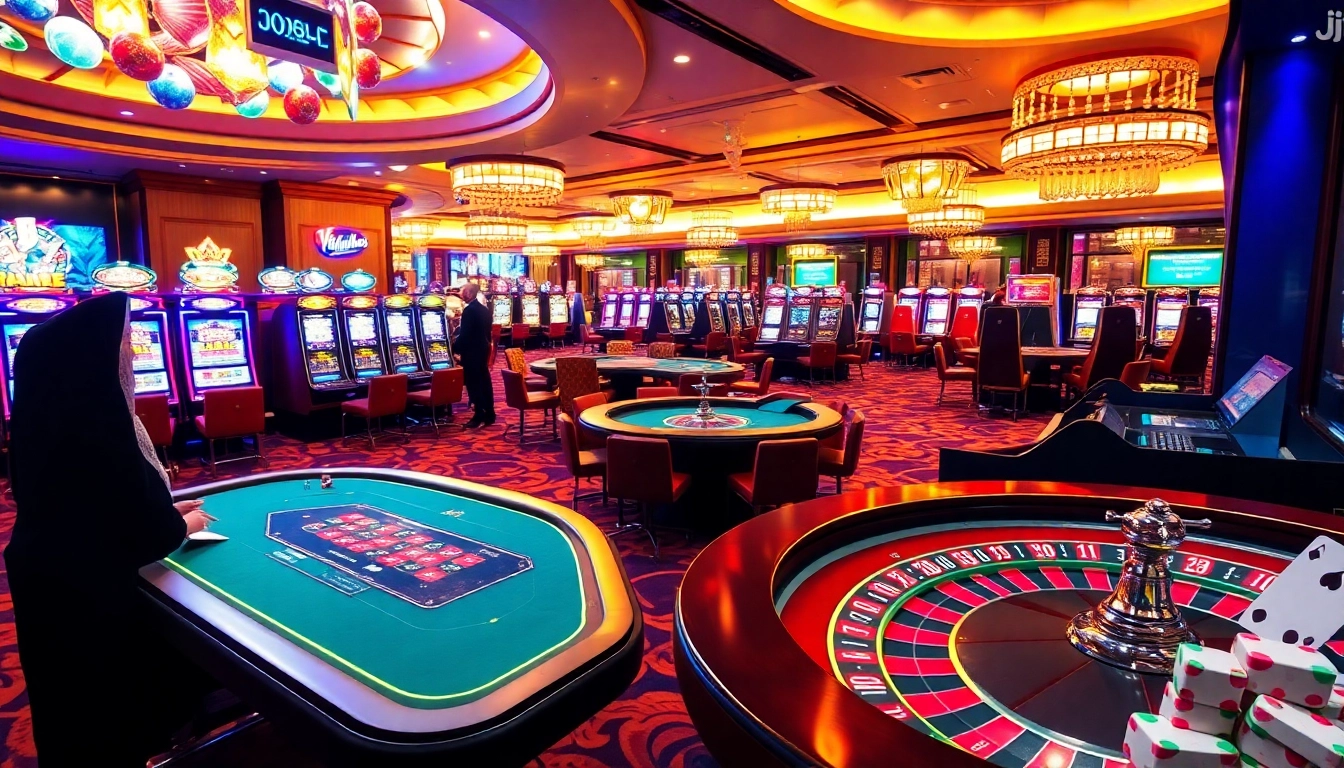 A lively casino scene showcasing KJC gambling excitement with poker tables and vibrant slot machines.