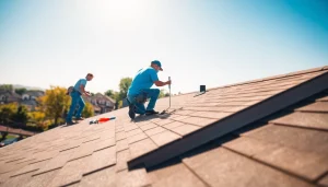 Twin Shield Roofing professionals installing a high-quality roof in a sunny suburban neighborhood.