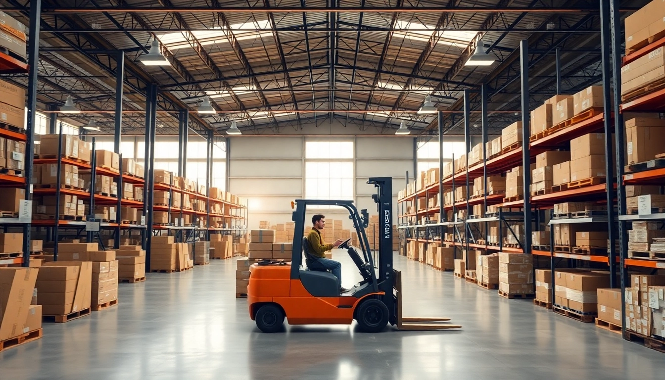 Efficient warehousing operations illustrated with organized shelves and active forklift.