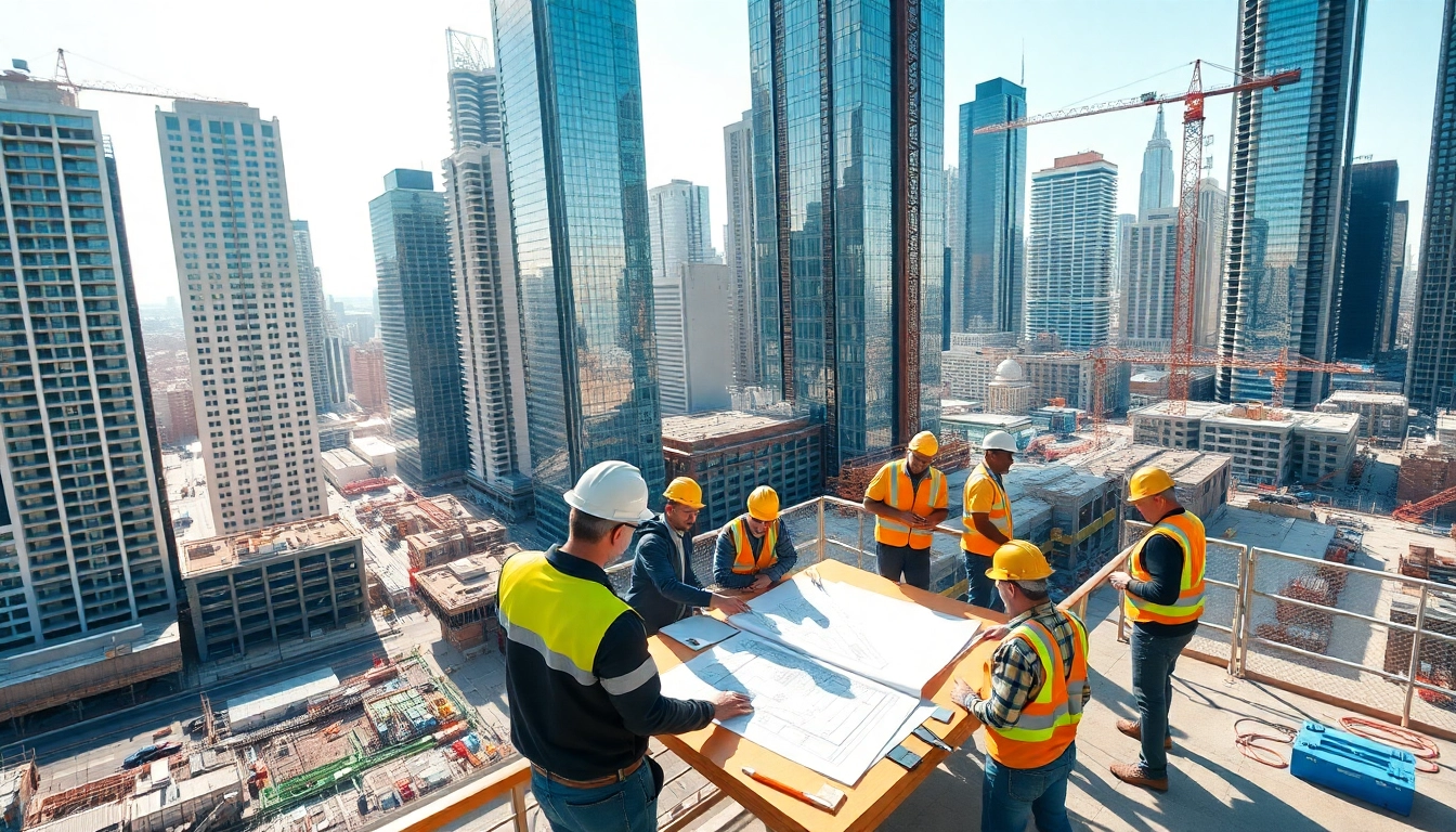 New York City Construction Manager leading a team on a bustling building site with urban skyline.
