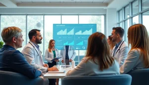 Health professionals collaborating in a bright office to enhance health outcomes and innovation.