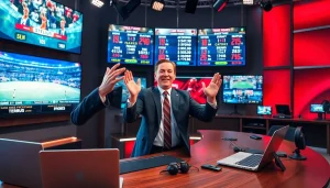 스포츠중계가 진행되는 활기찬 방송 스튜디오의 모습