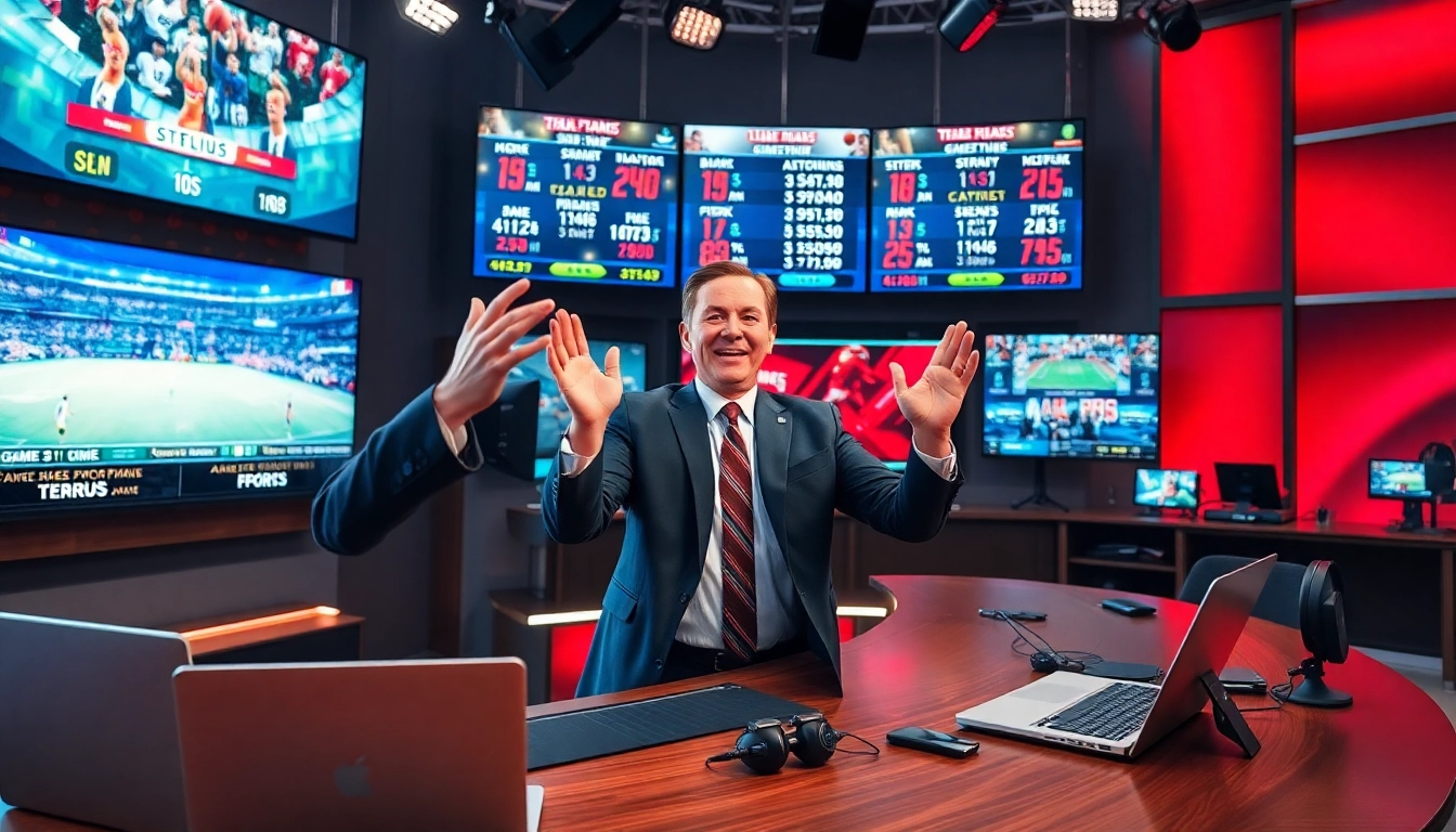 스포츠중계가 진행되는 활기찬 방송 스튜디오의 모습