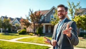 Showcase real estate with an engaging agent in a vibrant suburban neighborhood.
