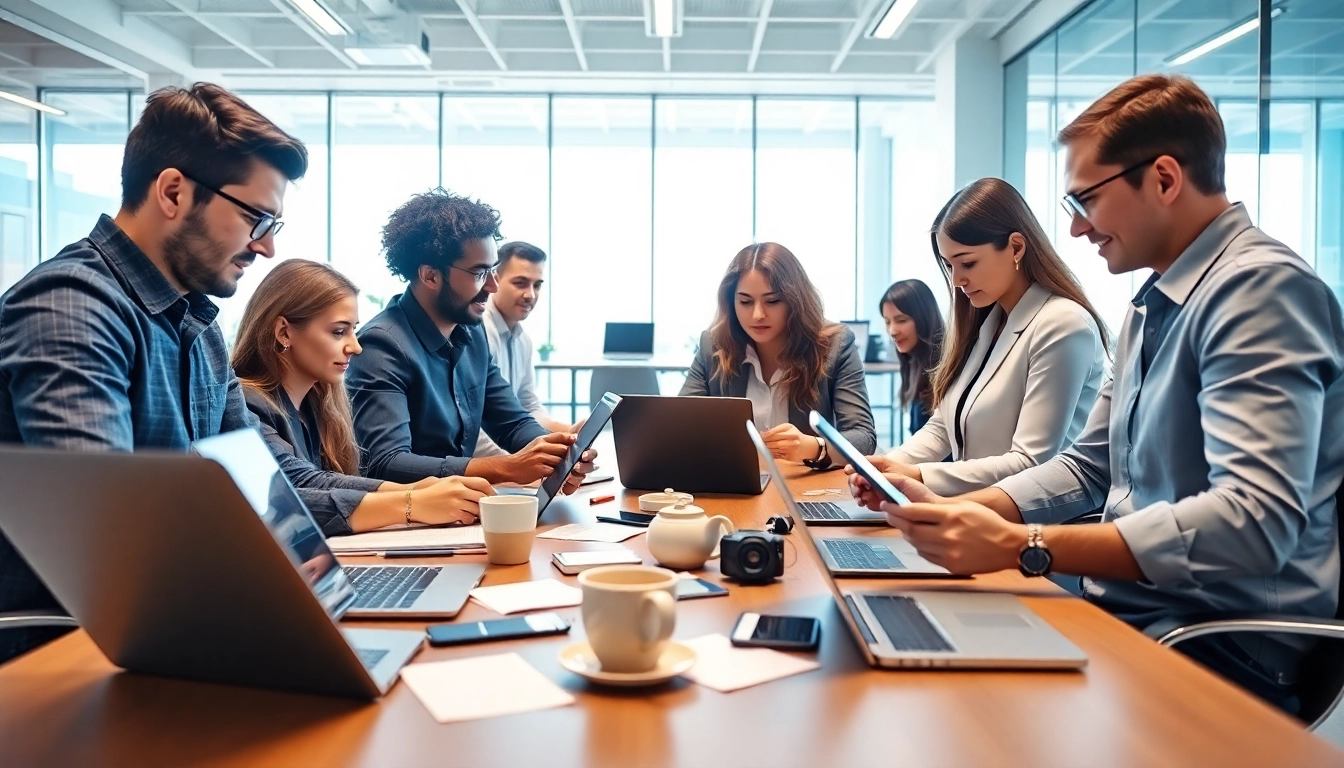 Technology team discussing innovative ideas in a modern workspace.