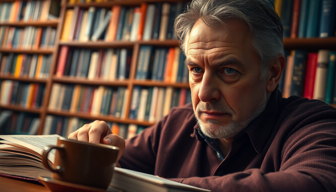 Thriller author deeply engaged in writing surrounded by a cozy library of thrilling novels.