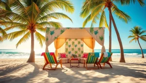 Relax at a coastal cabana with beach views, featuring lounge chairs and palm trees.