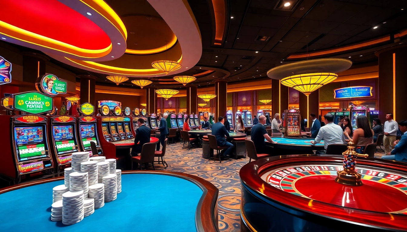 Experience the vibrant gambling world of KJC AC 1 with players enjoying casino tables and slot machines.