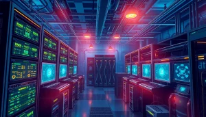 Visually stunning crypto mining facility showcasing modern ASIC miners and GPUs in a high-tech environment.