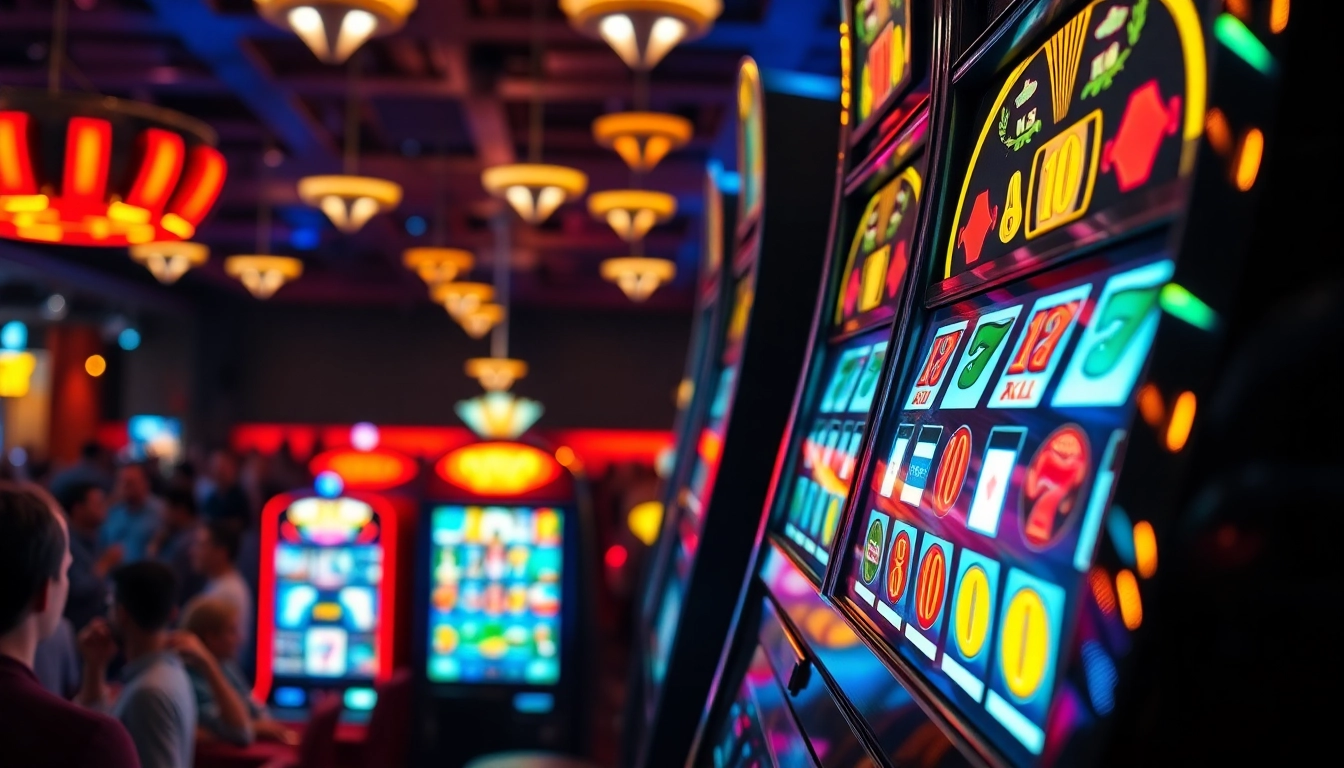 Mesin slot menarik dengan simbol berkilauan dan keramaian kasino di latar belakang.