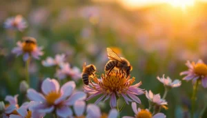Colmenas warré en un campo de flores, mostrando abejas polinizando y la estructura de la colmena.