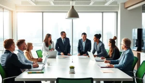 Engaged team of Quickplus Business Consultants collaborating in a bright office setting.