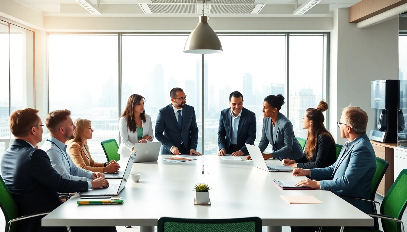 Engaged team of Quickplus Business Consultants collaborating in a bright office setting.