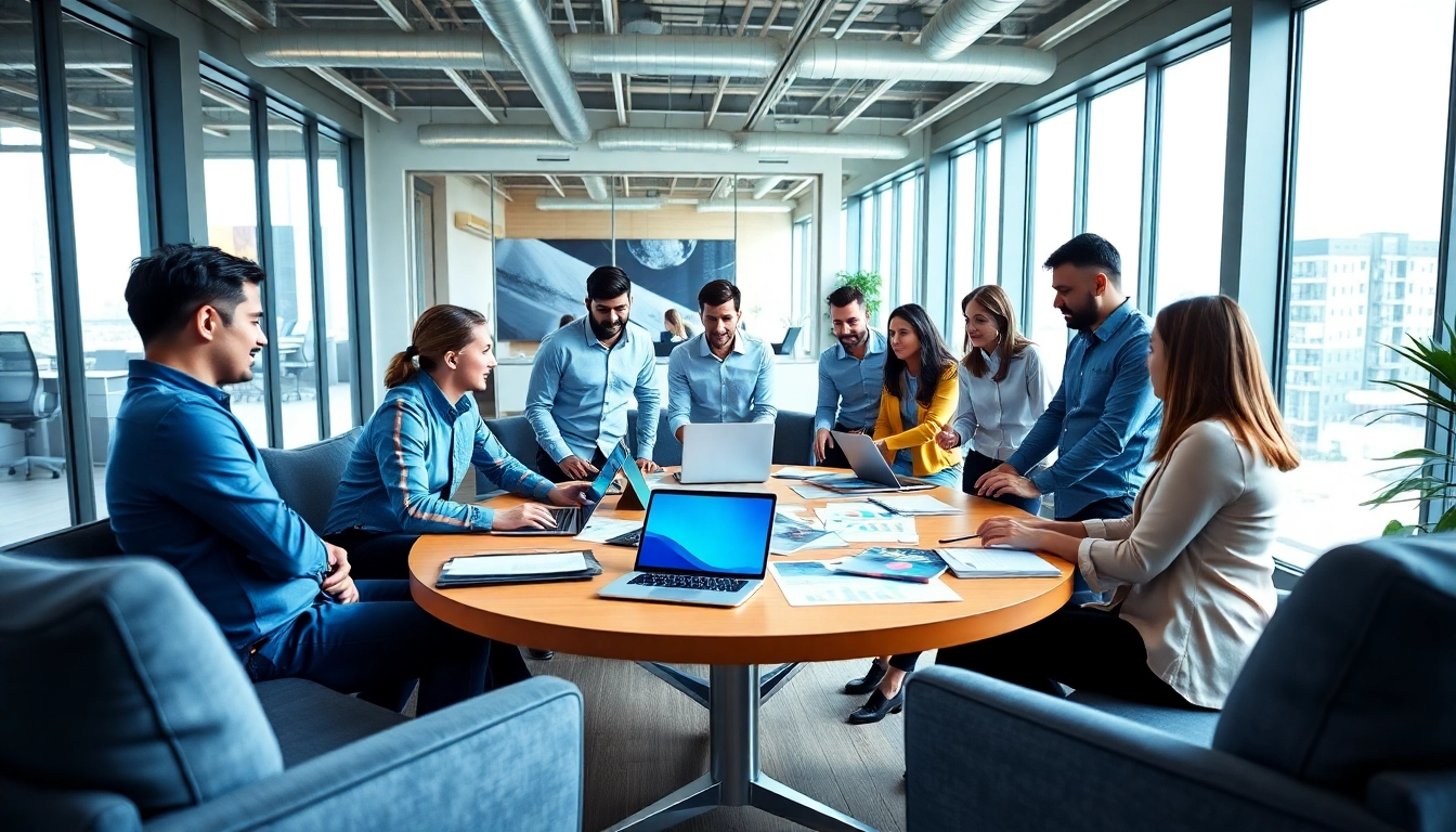 Collaborative digital marketing discussion showcasing Good Wolf Marketing strategies in an energetic office.