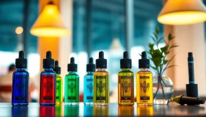 Vape liquid showcasing colorful designs und hochwertigen Glasflaschen
