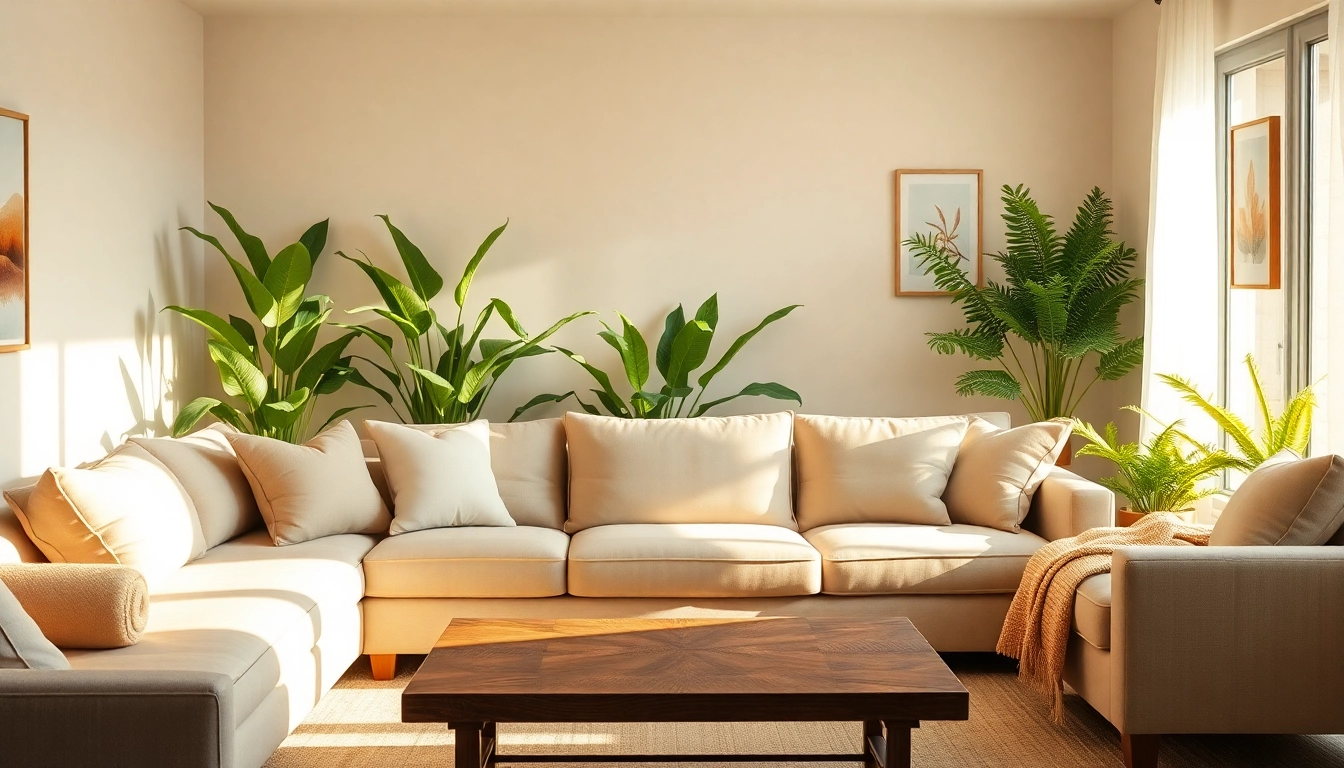Cozy living room featuring stylish sofa beds with plush pillows.