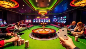 Người chơi trải nghiệm sự hứng khởi của Tik 88 tại các bàn casino sống động, với vòng roulette và chip poker.