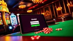 Engaging doaslot login interface amidst a luxurious casino setting, featuring vibrant slot machines.