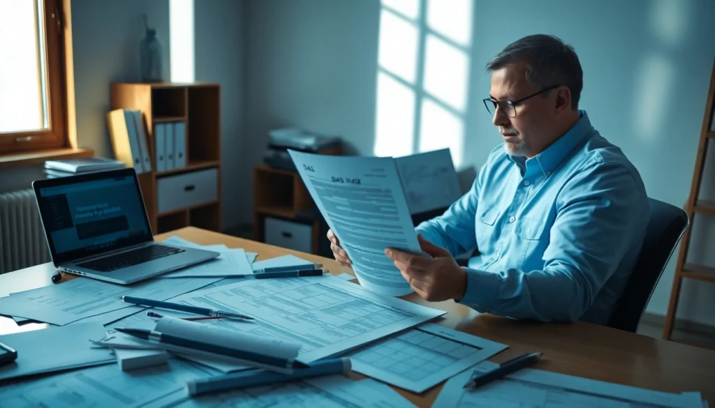 Contractor analyzing the DAS 142 form amidst construction documents in an office setting.