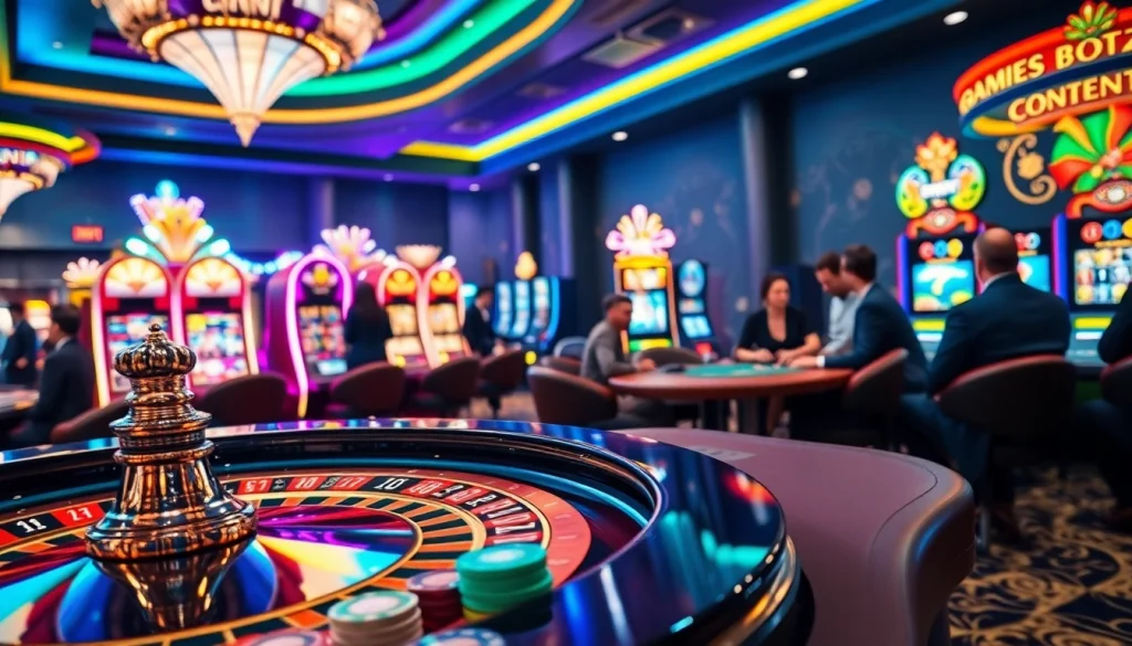 KJC ONL offers an exciting casino atmosphere with poker tables and vibrant slot machines.