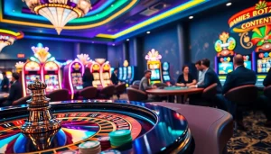 KJC ONL offers an exciting casino atmosphere with poker tables and vibrant slot machines.