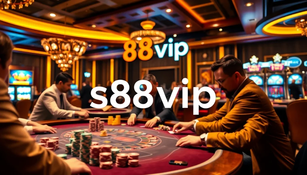 S88vip poker action at a luxurious casino with colorful chips and a roulette wheel.