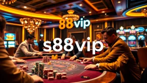 S88vip poker action at a luxurious casino with colorful chips and a roulette wheel.