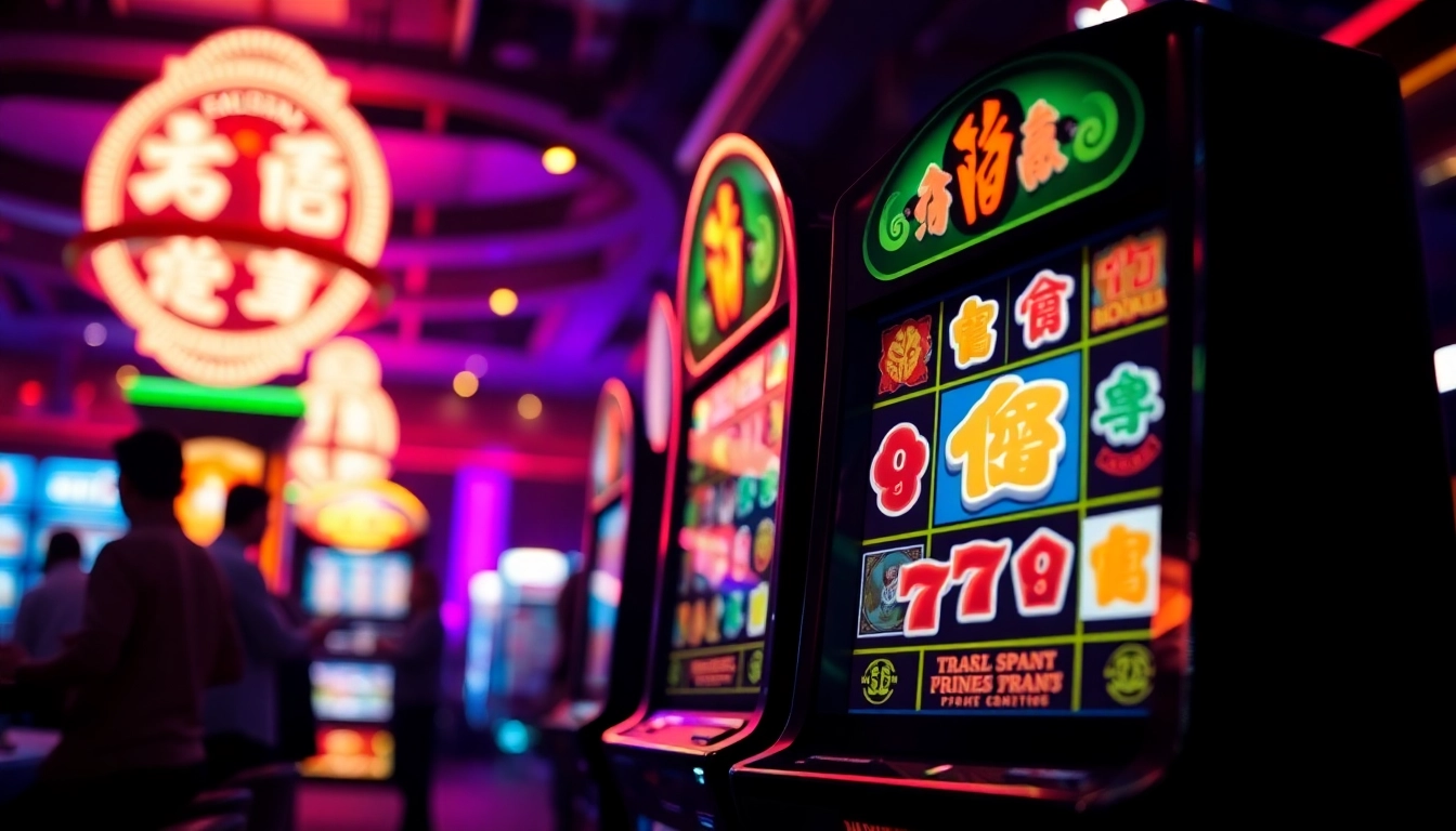 Permainan mahjong slot menampilkan mesin slot yang berwarna-warni di kasino dengan pencahayaan neon.